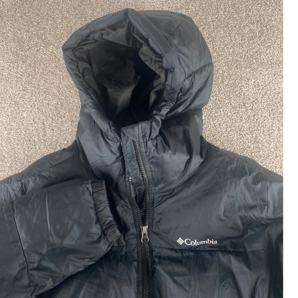 Columbia Mens Small Puffer Jacket Black Hooded Quilted Full Zip Parka WL0252
